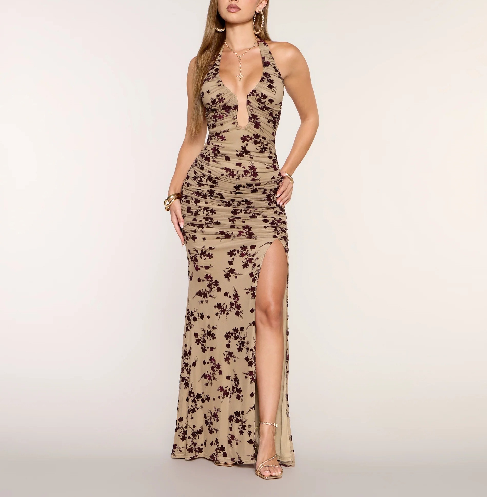 Cream Plum奶油酒紅色燒花植絨Mermaid Dress