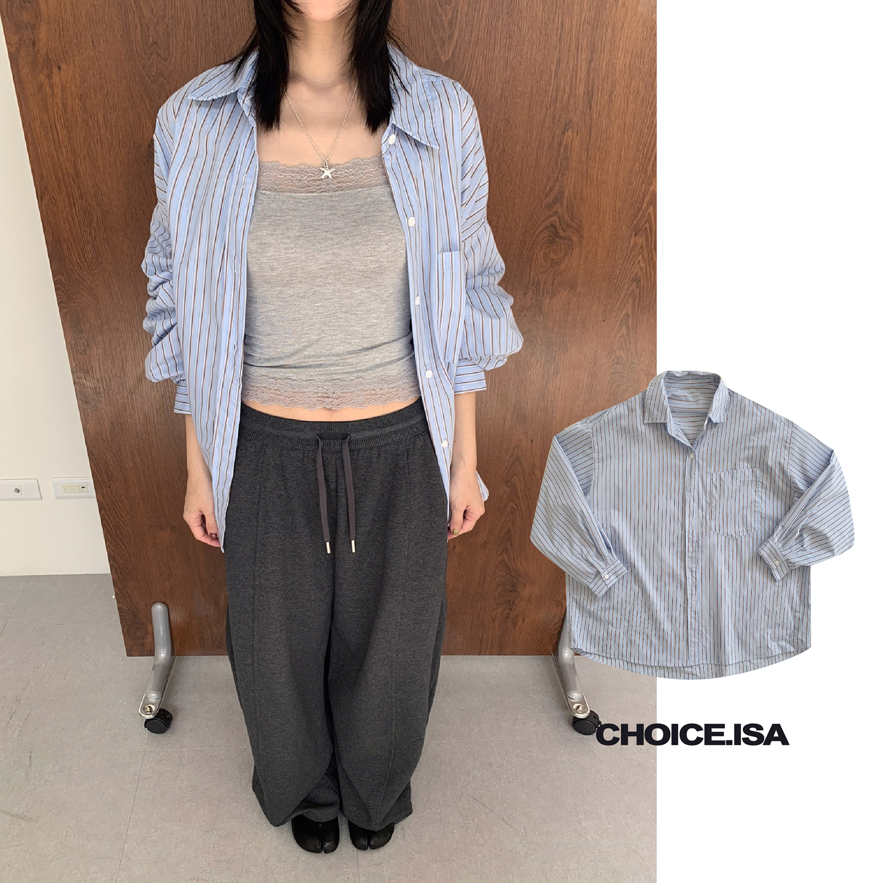 ISA_瑪格與西西里 復古藍咖單口袋寬鬆襯_69026