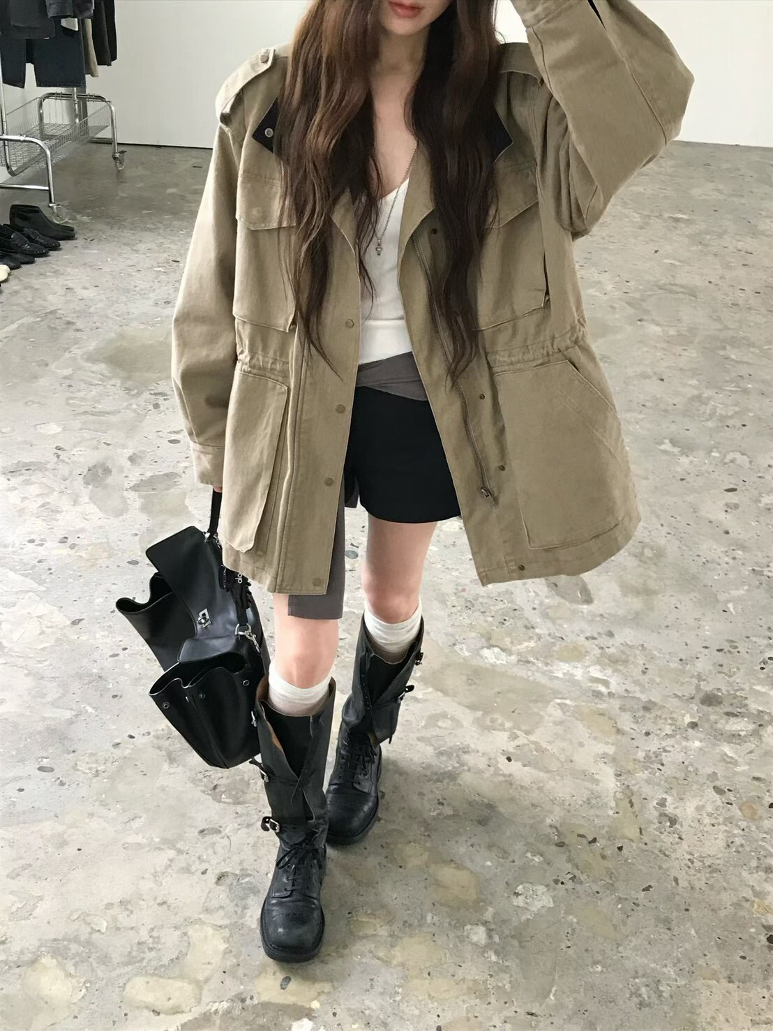 #AK176鋪棉多口袋工裝外套(杏/墨)