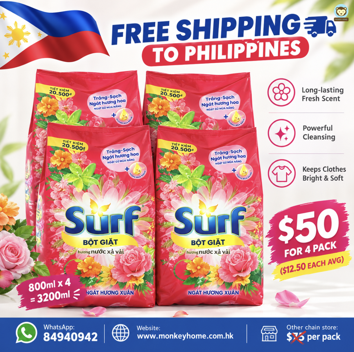 PH FS - Surf 洗衣粉 800ml x 4 包（平均每包 $12.50）