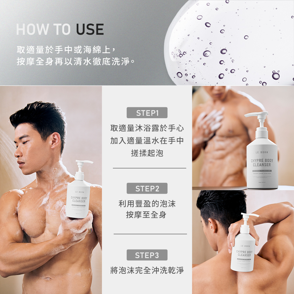 沐浴露使用教學：STEP 1 取適量加溫水搓揉起泡，STEP 2 豐盈泡沫按摩全身，STEP 3 完全沖洗乾淨。