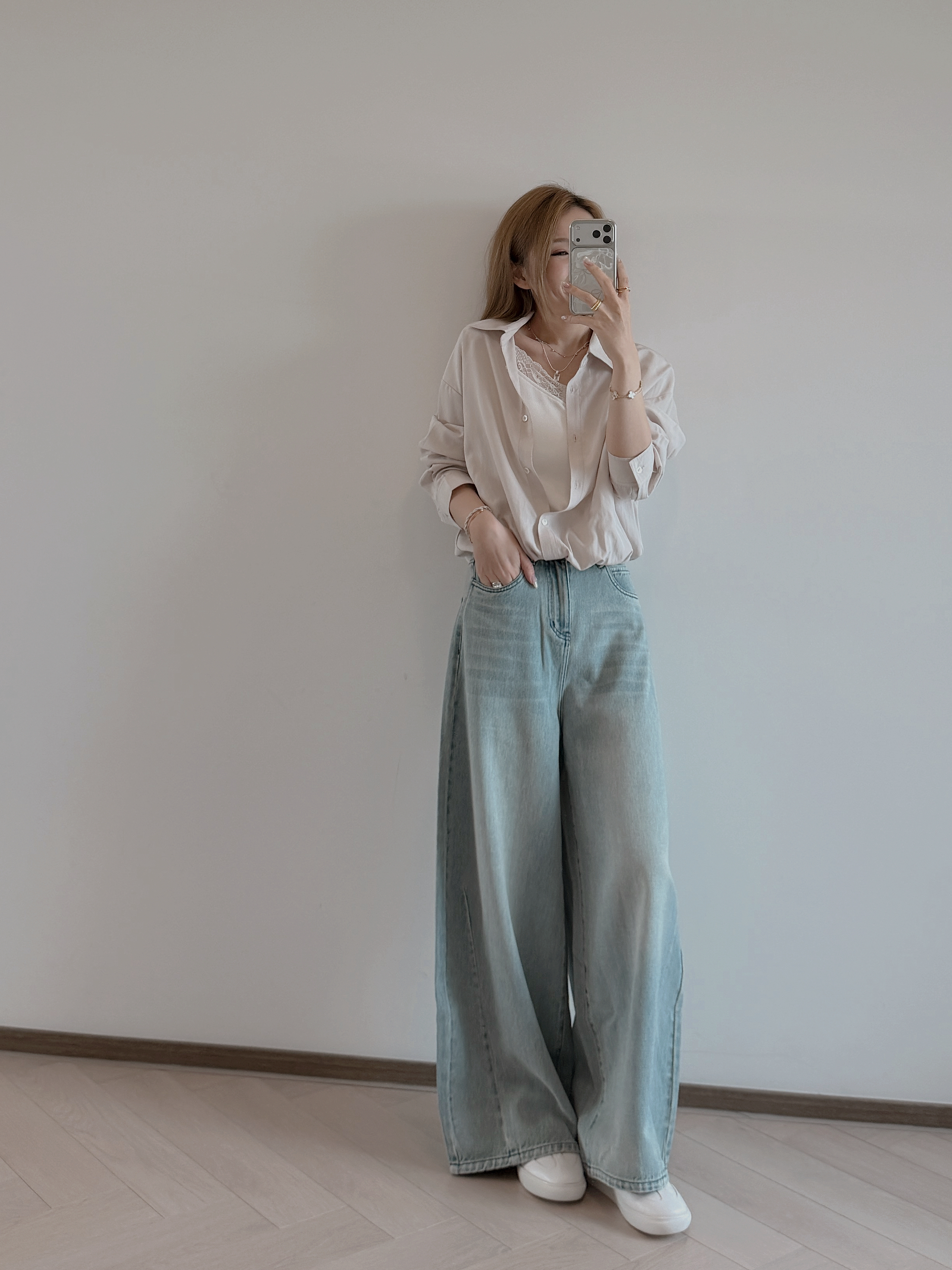 現貨 7459-2 淡杏假兩件吊帶背心襯衫