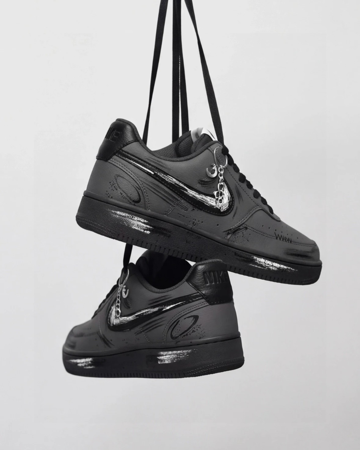 【訂製鞋款】Nike Court Vision Low 影子灰 暗黑 全黑 美式 手繪 刷舊 月亮吊飾 DH2987009（Team2043-影子灰）