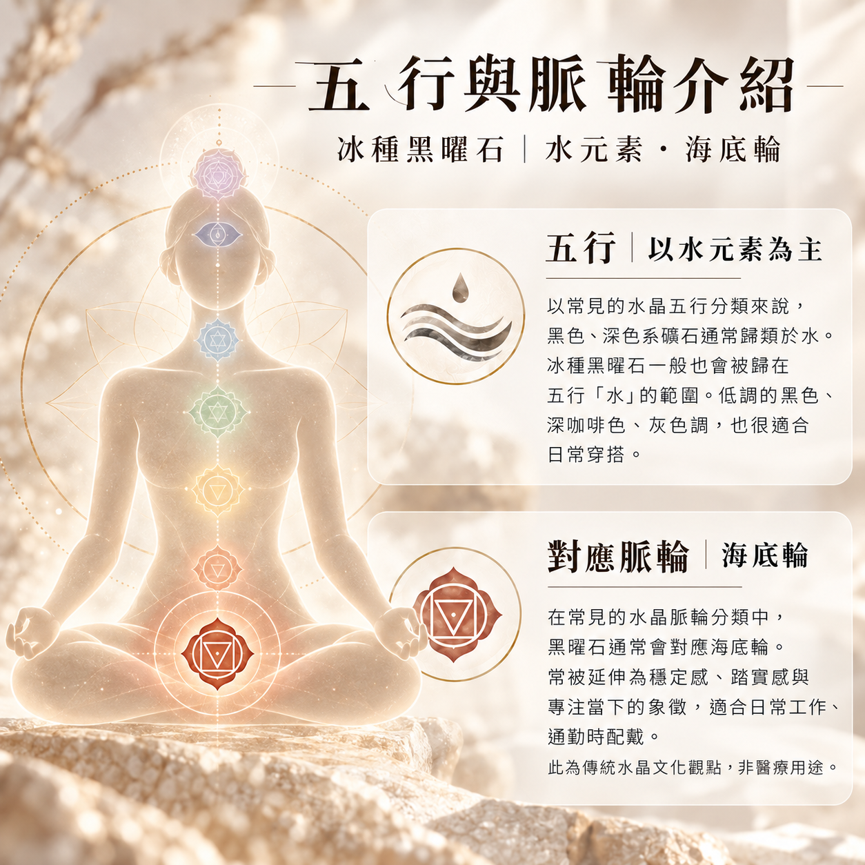 冰種黑曜石五行脈輪介紹|天然冰種黑曜石五行屬水・對應海底輪・穩定感與專注配戴觀念圖