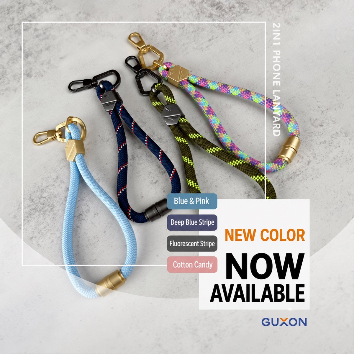 GUXON 6mm woven phone strap with metal clip, crossbody and wrist lengths