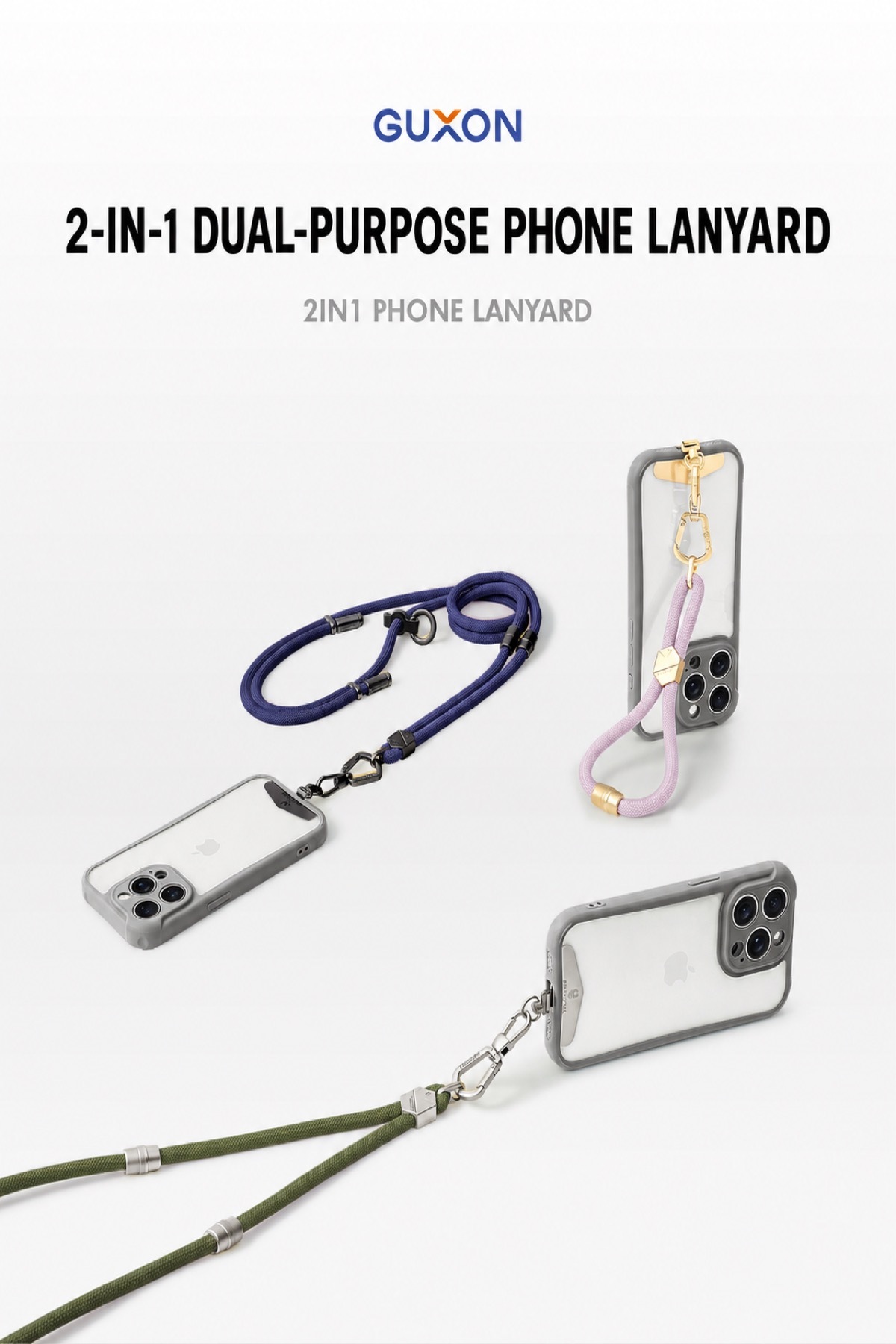 GUXON 6mm woven phone strap with metal clip, crossbody and wrist lengths