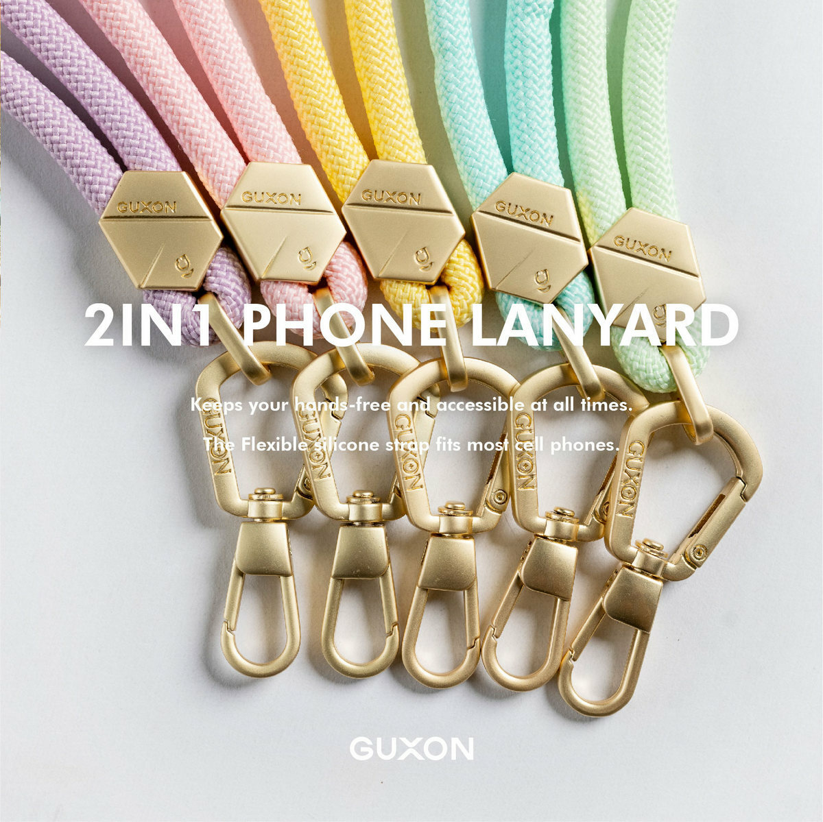 GUXON 6mm woven phone strap with metal clip, crossbody and wrist lengths