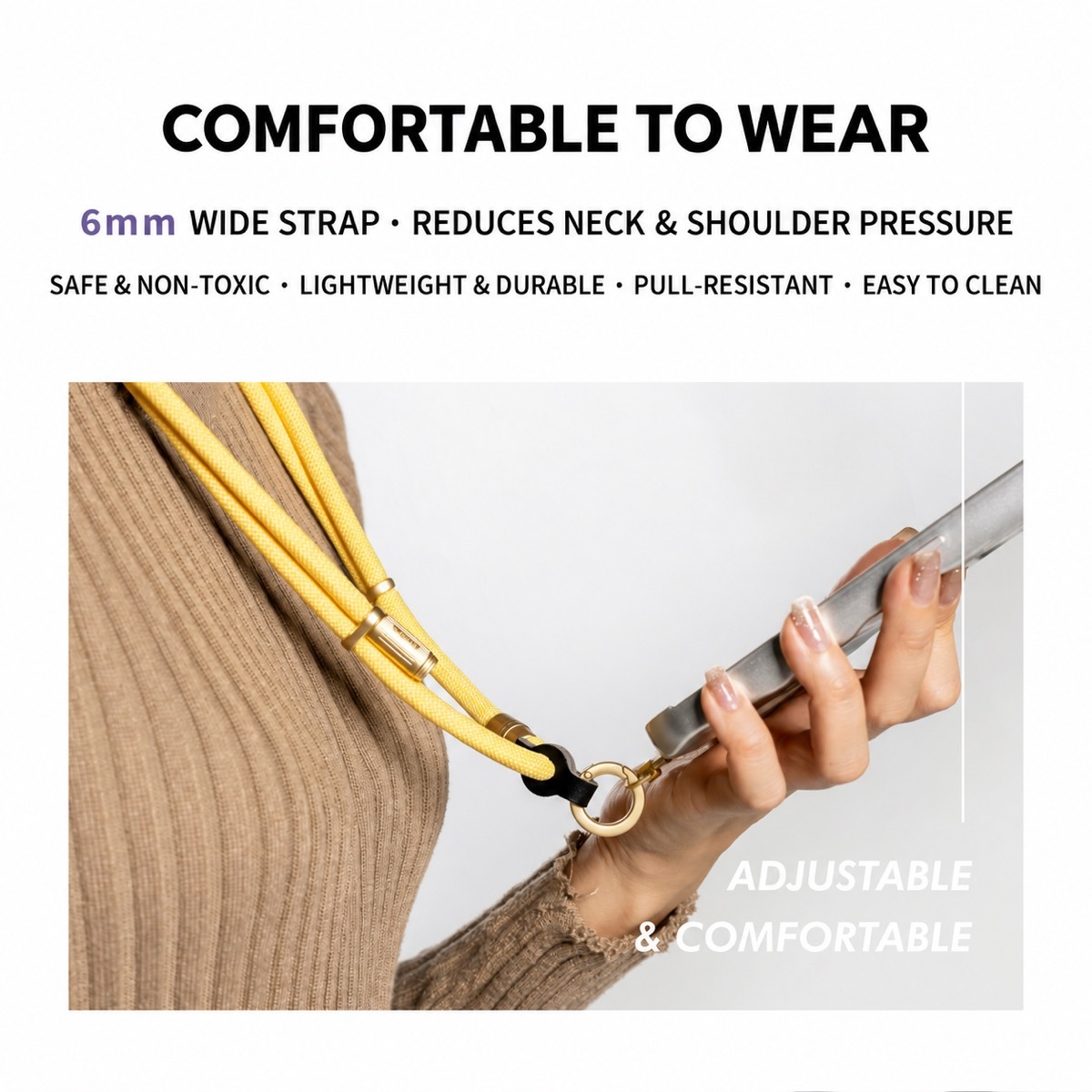 GUXON 6mm woven phone strap with metal clip, crossbody and wrist lengths