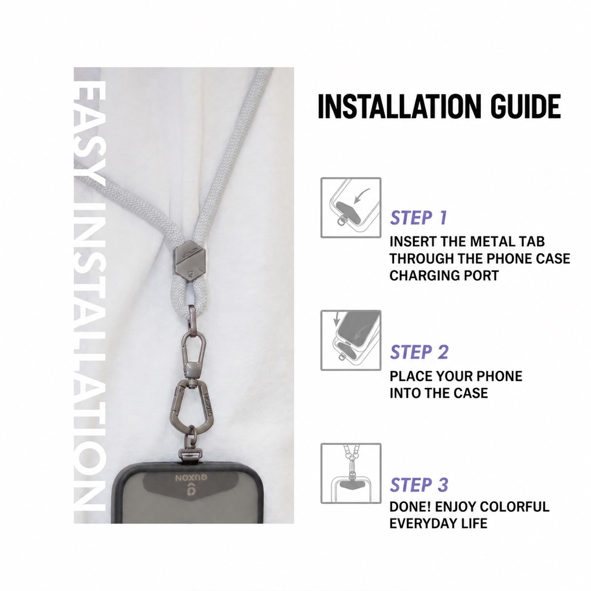 GUXON 6mm woven phone strap with metal clip, crossbody and wrist lengths