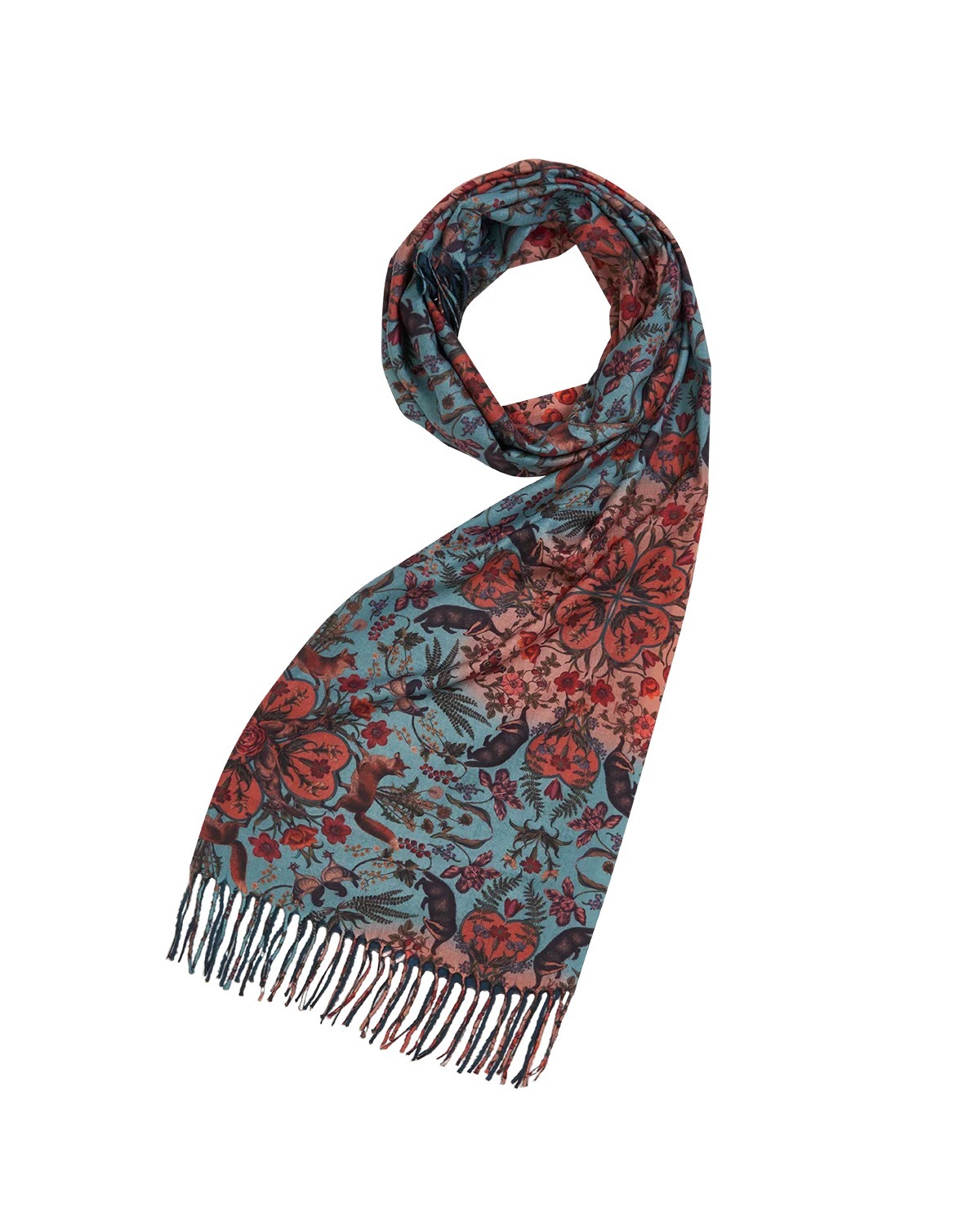 英國代購 FABLE ENGLAND -Folksy Fox Teal Scarf with Tassels  49116