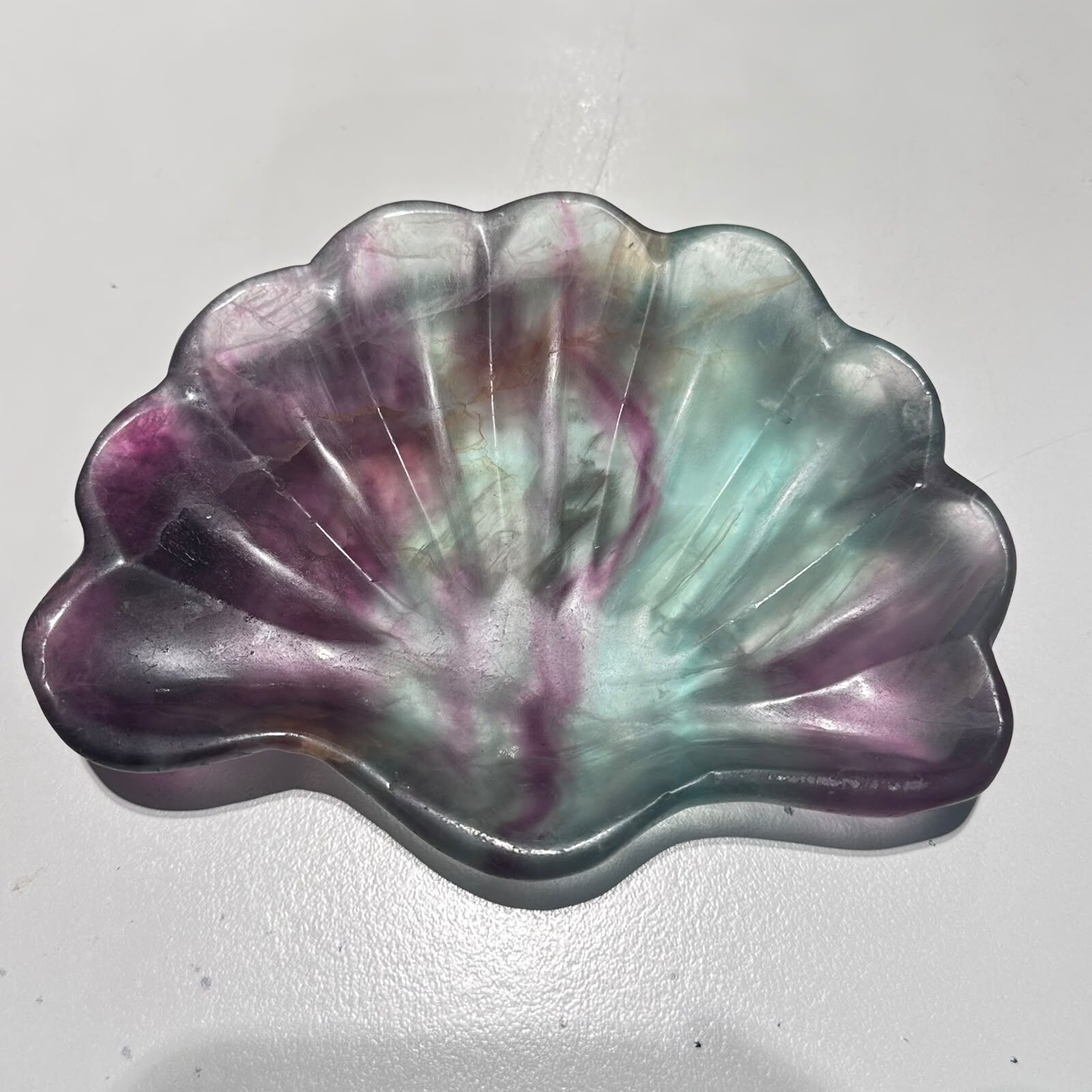HKAG1001-037 [稀有] 螢石貝殼碟-紫綠帶黃膠花13x10cm (A37)