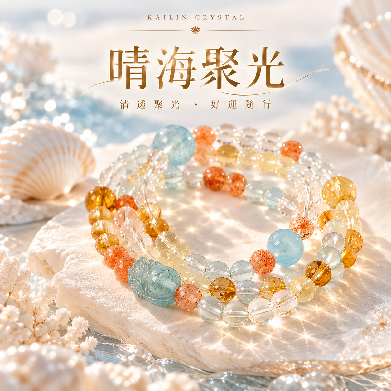 白水晶黃水晶海藍寶草莓晶貔貅水晶手鍊|晴海聚光天然水晶手鍊 KAILIN CRYSTAL