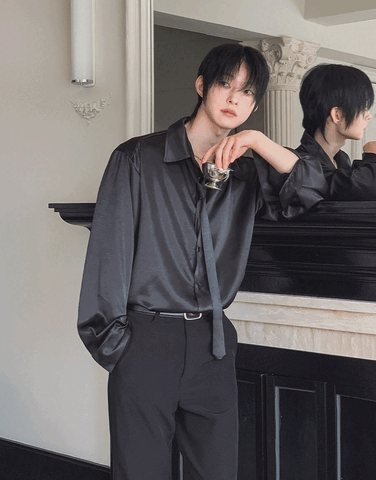 Satin-finish long-sleeve shirt with tie neck