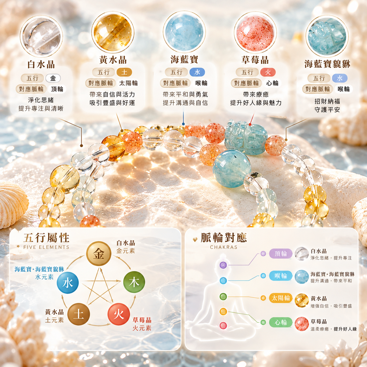 白水晶黃水晶海藍寶草莓晶貔貅水晶手鍊五行屬性與脈輪對應|晴海聚光