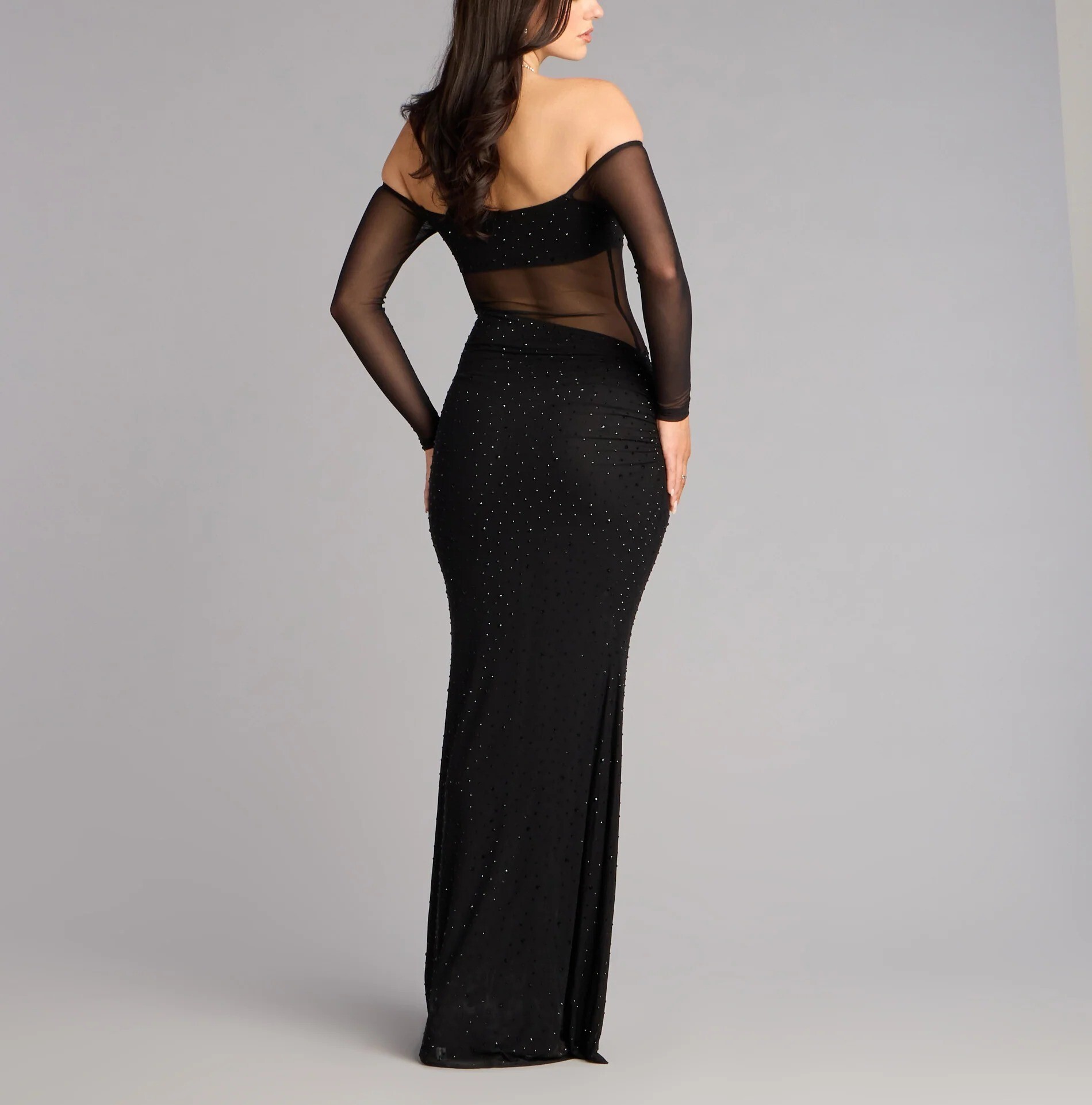 Night Black 黑色燙鑽露肩透紗Dress
