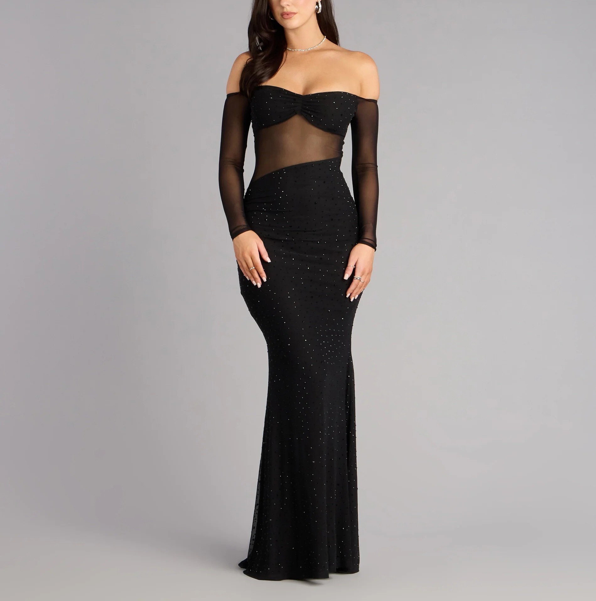 Night Black 黑色燙鑽露肩透紗Dress