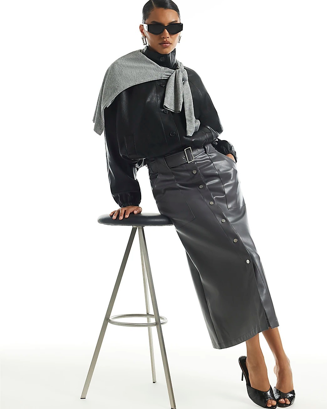 Starry Night星空灰色鈕釦腰帶Vegan皮革Midi Skirt