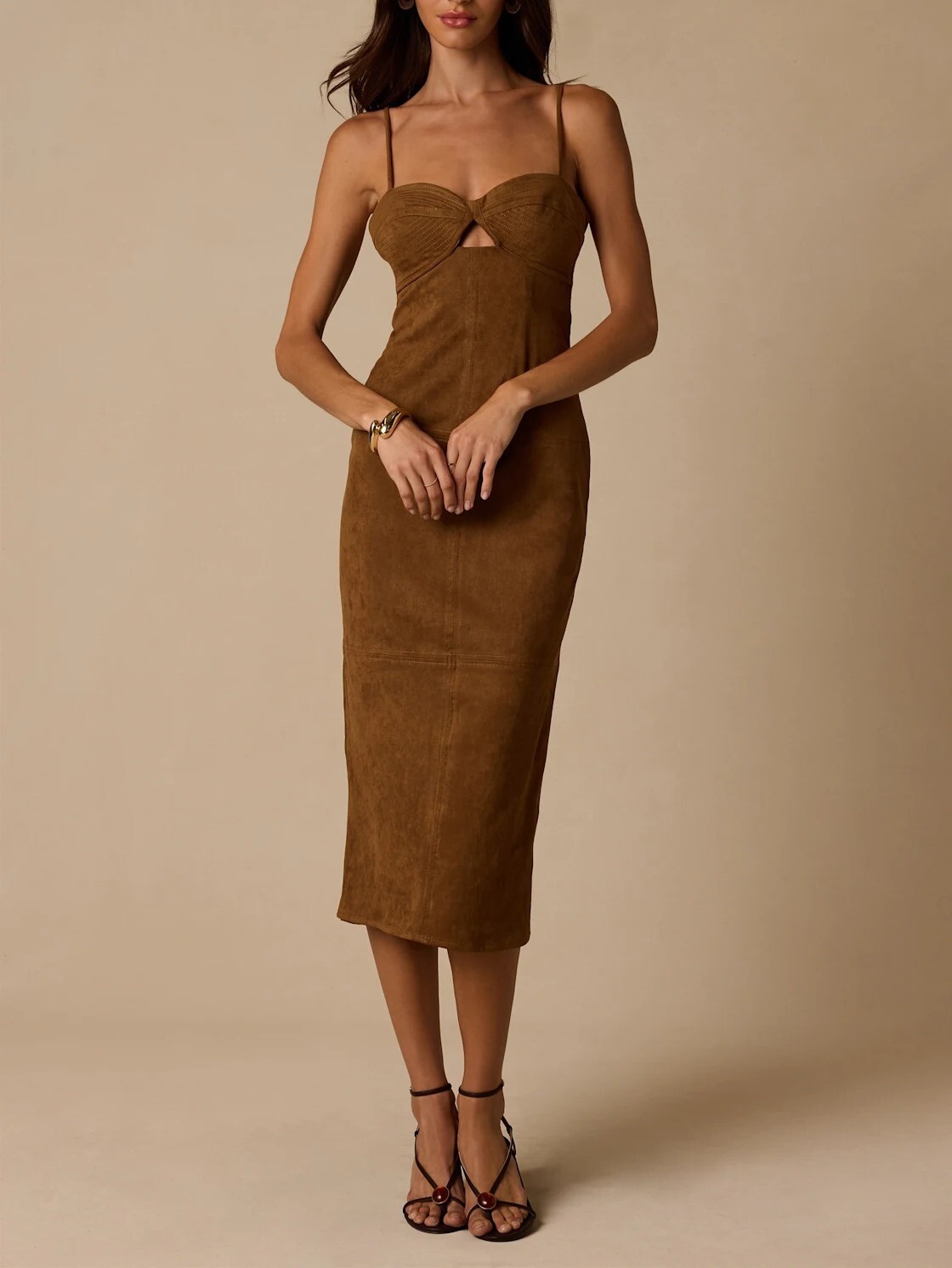 Brownie布朗尼色蝴蝶結飾桃心領麂皮絨Midi Dress