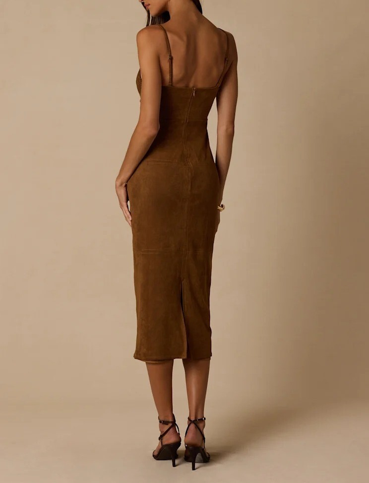 Brownie布朗尼色蝴蝶結飾桃心領麂皮絨Midi Dress