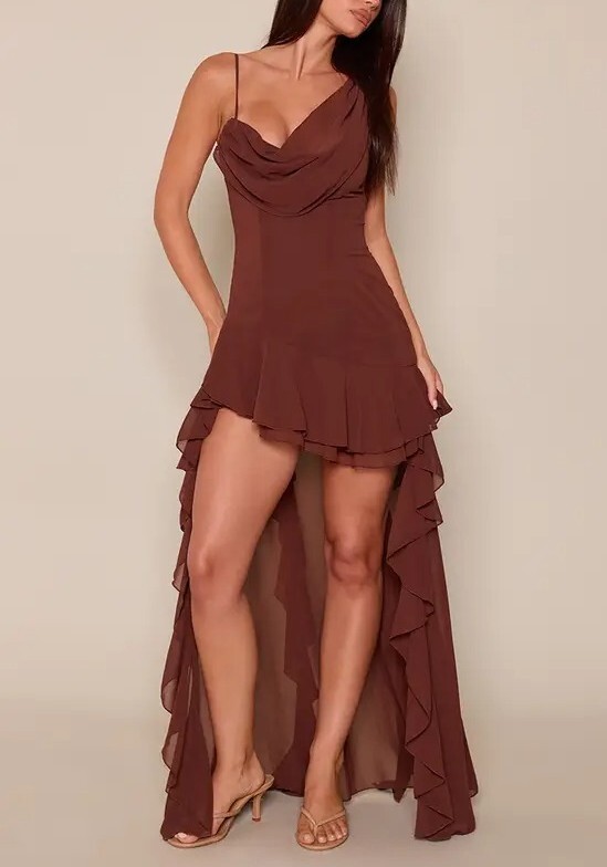Chocolate巧克力色不對稱垂領長短裙Dress