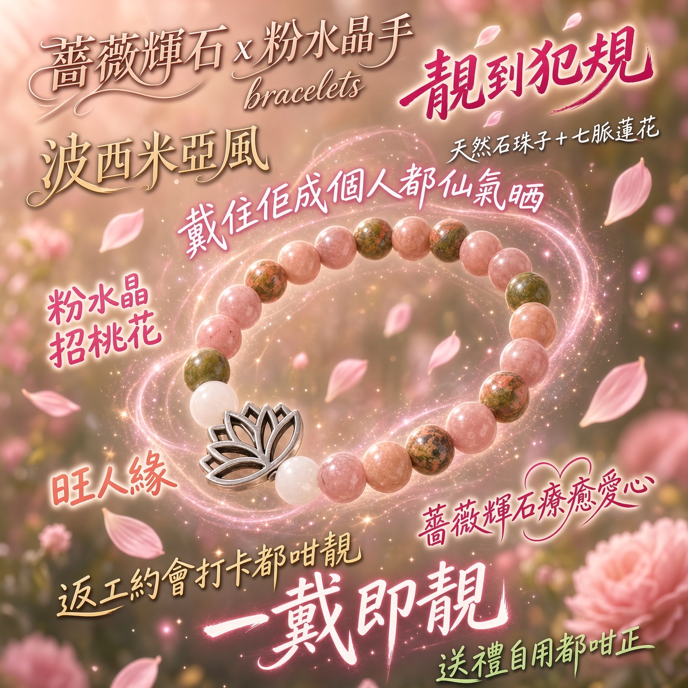 薔薇輝石 x 粉水晶手鐲