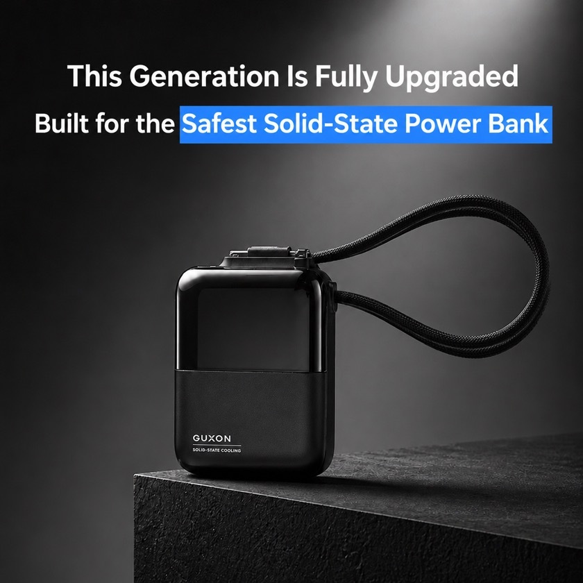 Cube solid-state dual-cable power bank in black, fully upgraded this generation, built to be the safest solid-state power bank