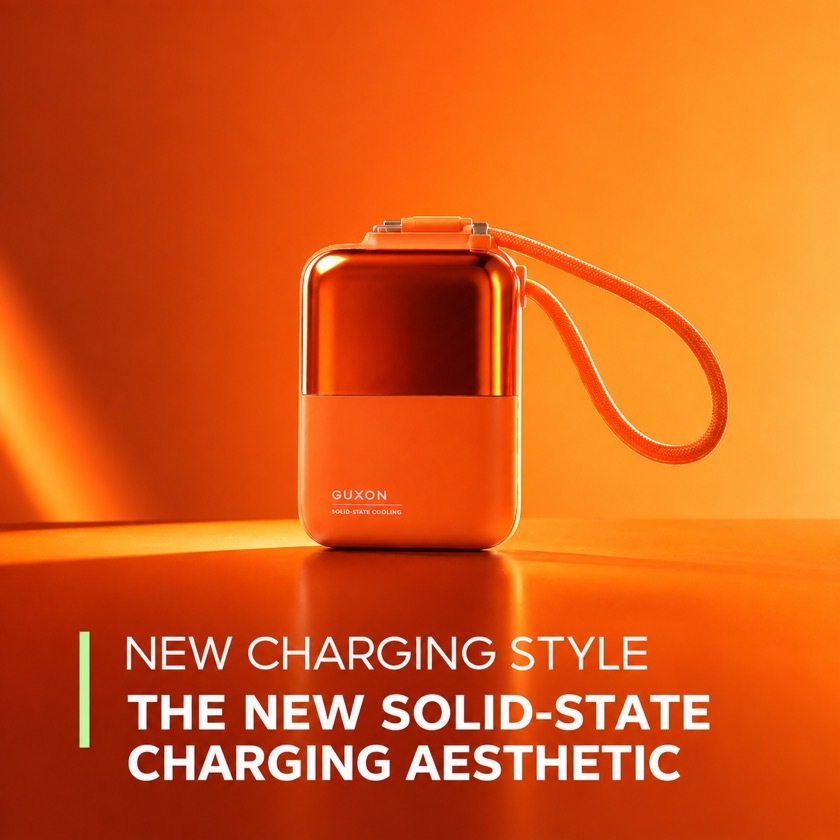 Cube solid-state dual-cable power bank in orange, a NEW CHARGING STYLE for solid-state power banks