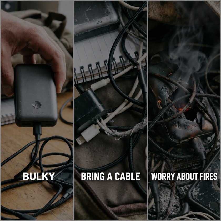 Three pain points of conventional power banks: bulky, you still have to bring a cable, and worry about fire