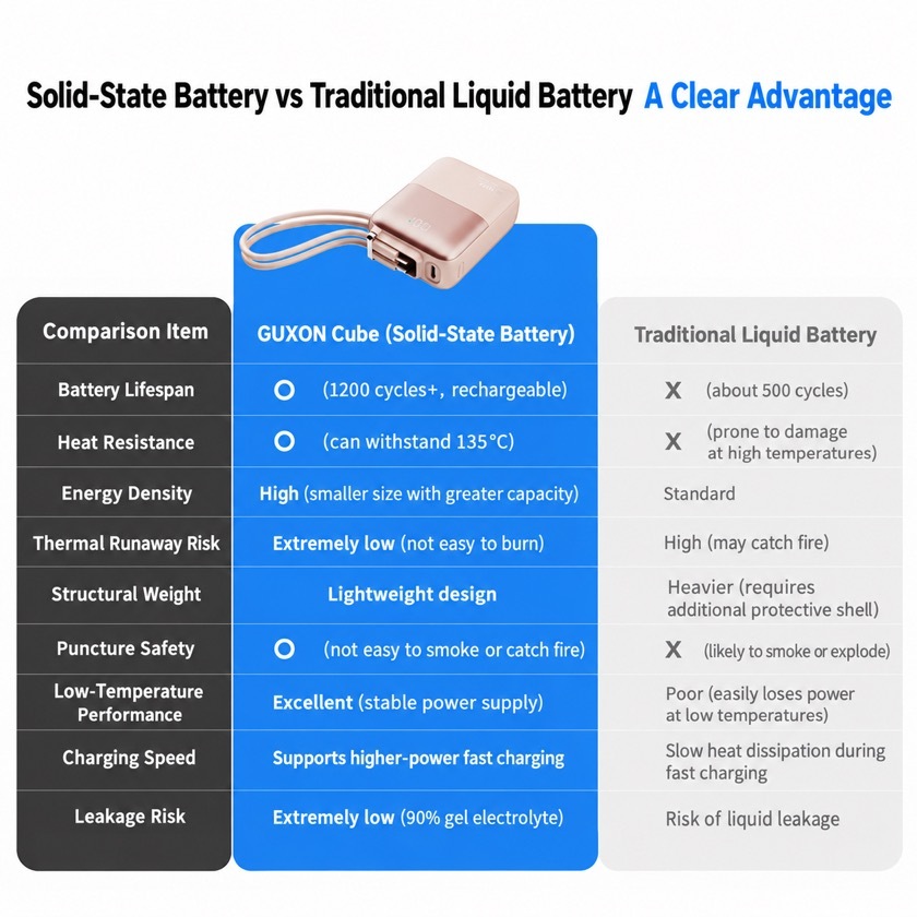 Comparison of solid-state and conventional liquid batteries: battery life over 1200 cycles versus about 500, withstands 135 degrees, high energy density, very low thermal runaway risk, lightweight structure, excellent low-temperature performance, supports higher-power fast charging, very low leakage risk