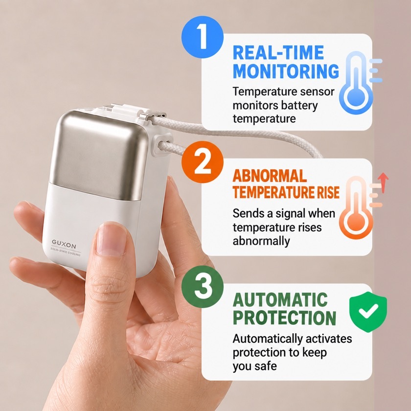 The three steps of Cube temperature protection: the sensing chip monitors battery temperature in real time, a signal is sent if the temperature rises abnormally, and protection engages automatically