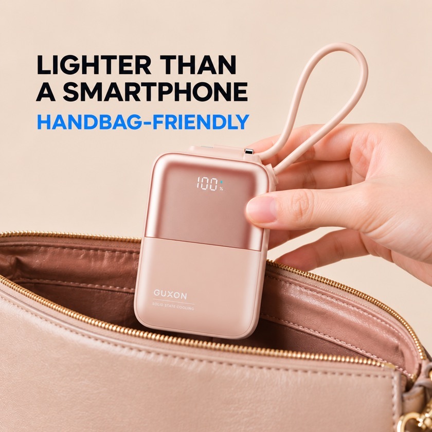 Cube solid-state dual-cable power bank in pink, smaller and lighter than a phone and fits straight into a small handbag