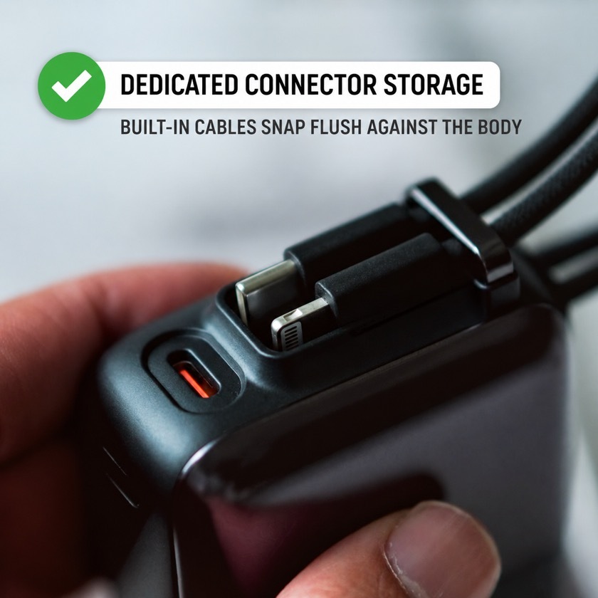 The Cube body has a dedicated connector recess, so the cables sit flush against the body