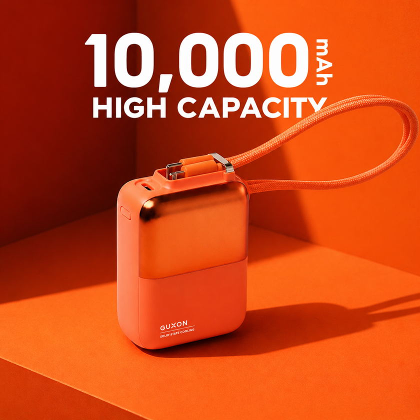 Cube solid-state dual-cable power bank in orange, 10000mAh capacity