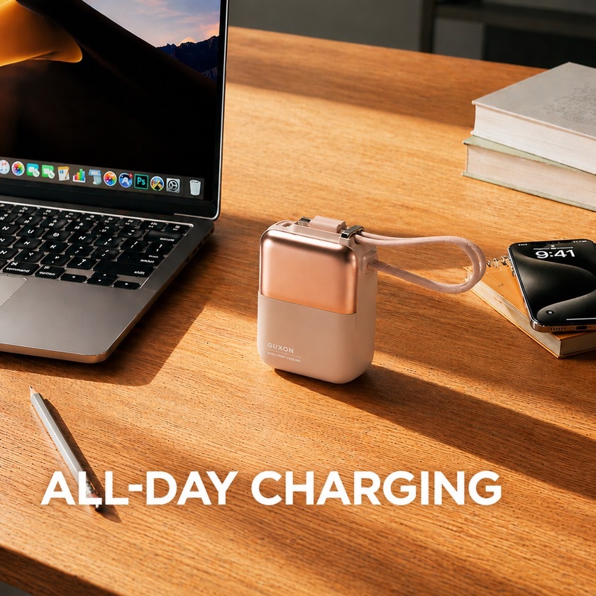 Cube solid-state dual-cable power bank in cream white, on a desk beside a laptop, covering a full day of power