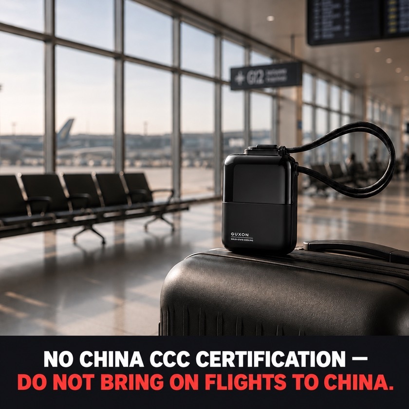 Cube solid-state dual-cable power bank on a suitcase in an airport departure area, noting that this product has no China CCC certification and should not be carried on flights to China