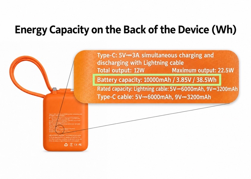 The back of the Cube clearly shows the Wh energy rating, including cell capacity 10000mAh, 3.85V, 38.5Wh and rated capacity information