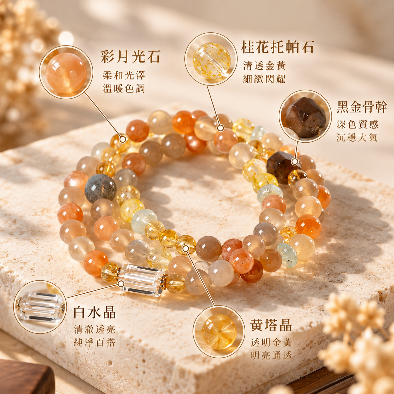彩月光石手鍊材質介紹|桂花托帕石、黃塔晶、黑金骨幹、白水晶天然水晶手鍊