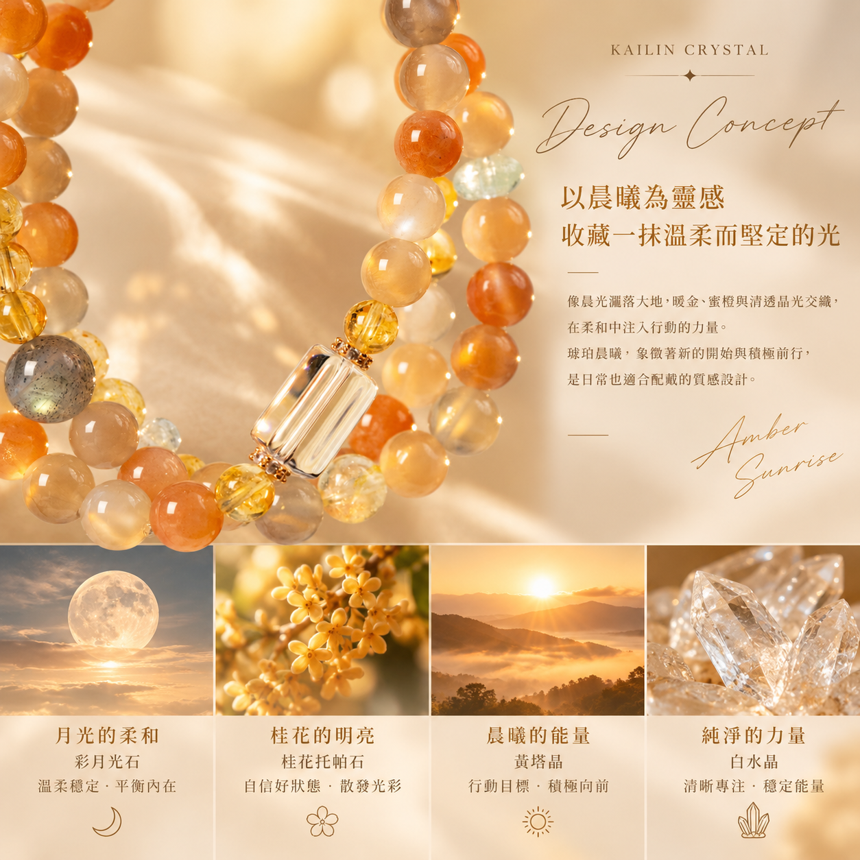 彩月光石手鍊設計概念|桂花托帕石黃塔晶白水晶暖金色天然水晶手鍊