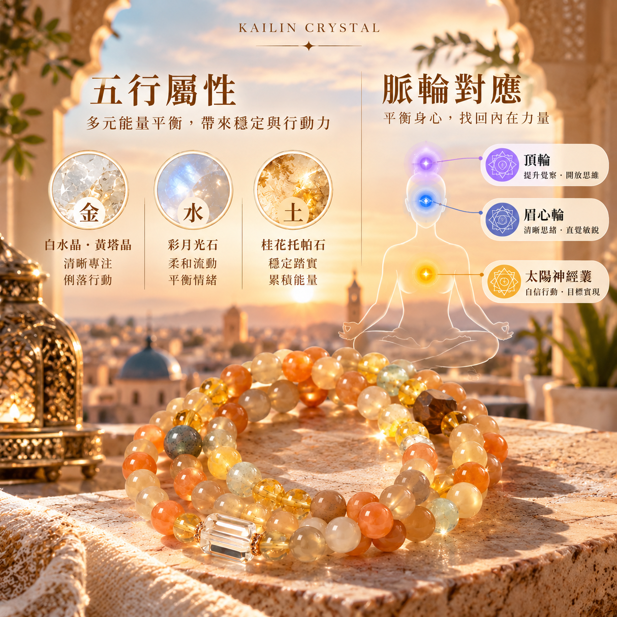 彩月光石手鍊五行脈輪介紹|白水晶黃塔晶桂花托帕石天然水晶手鍊