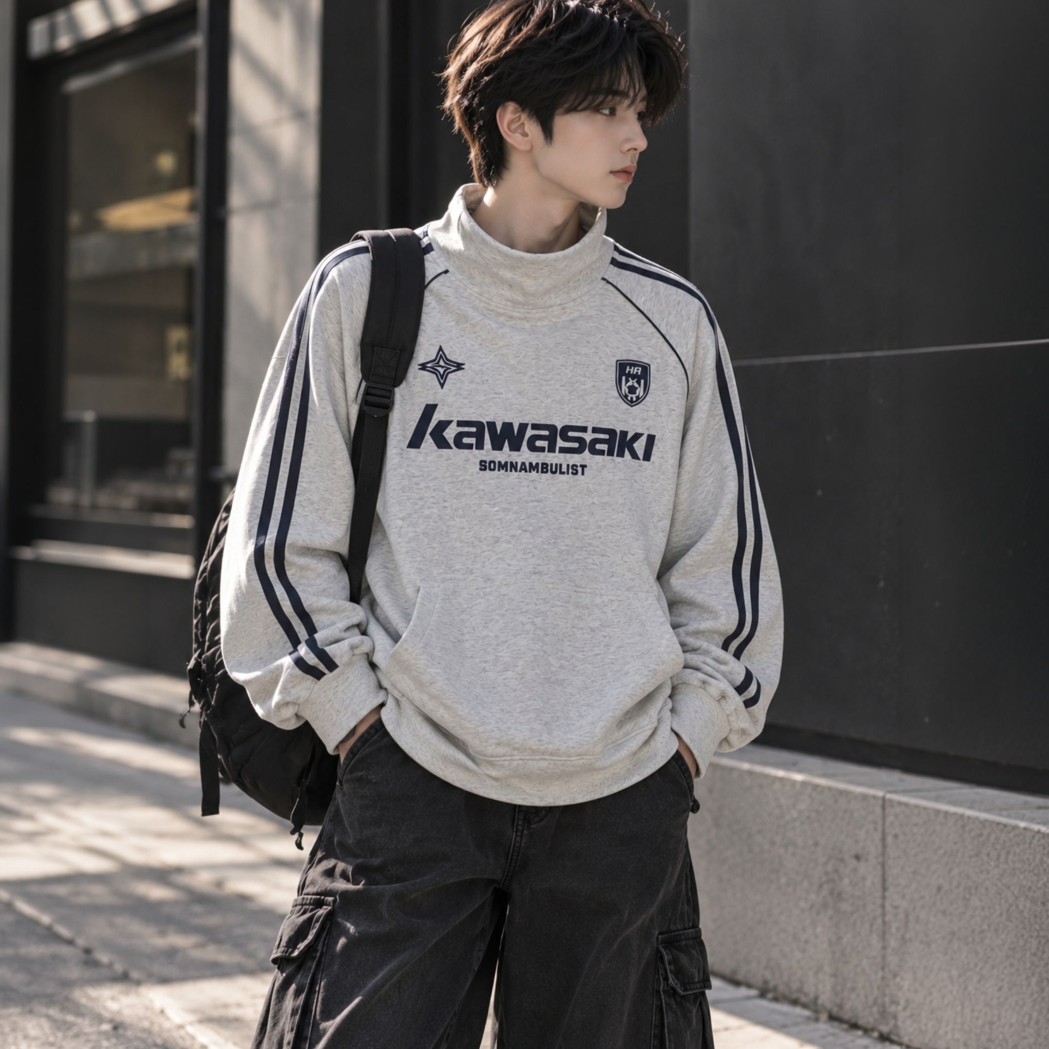 NICEDAY 服飾 代購 Kawasaki 川崎 復古 高領 大學T 大學踢 長袖 秋冬 黑 白 LCK-8901-049