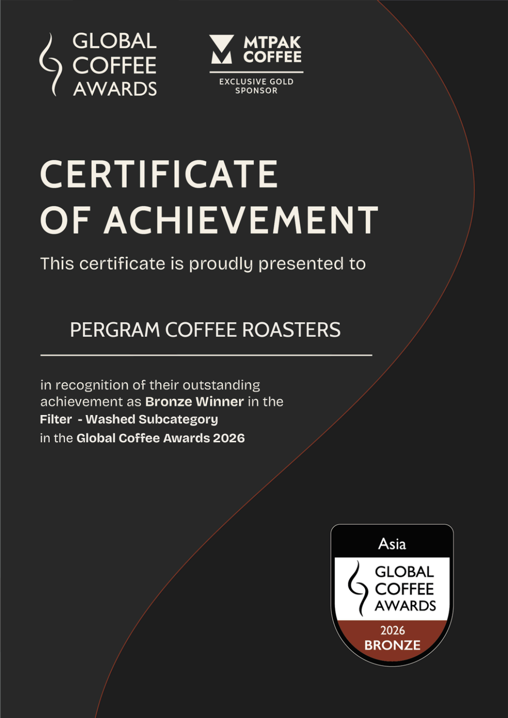 Global Coffee Awards 2026 證書:Honorable Mention,Espresso – Single Origin(哥斯大黎加 奇里波 El Renacer 黑蜜 Wush Wush)