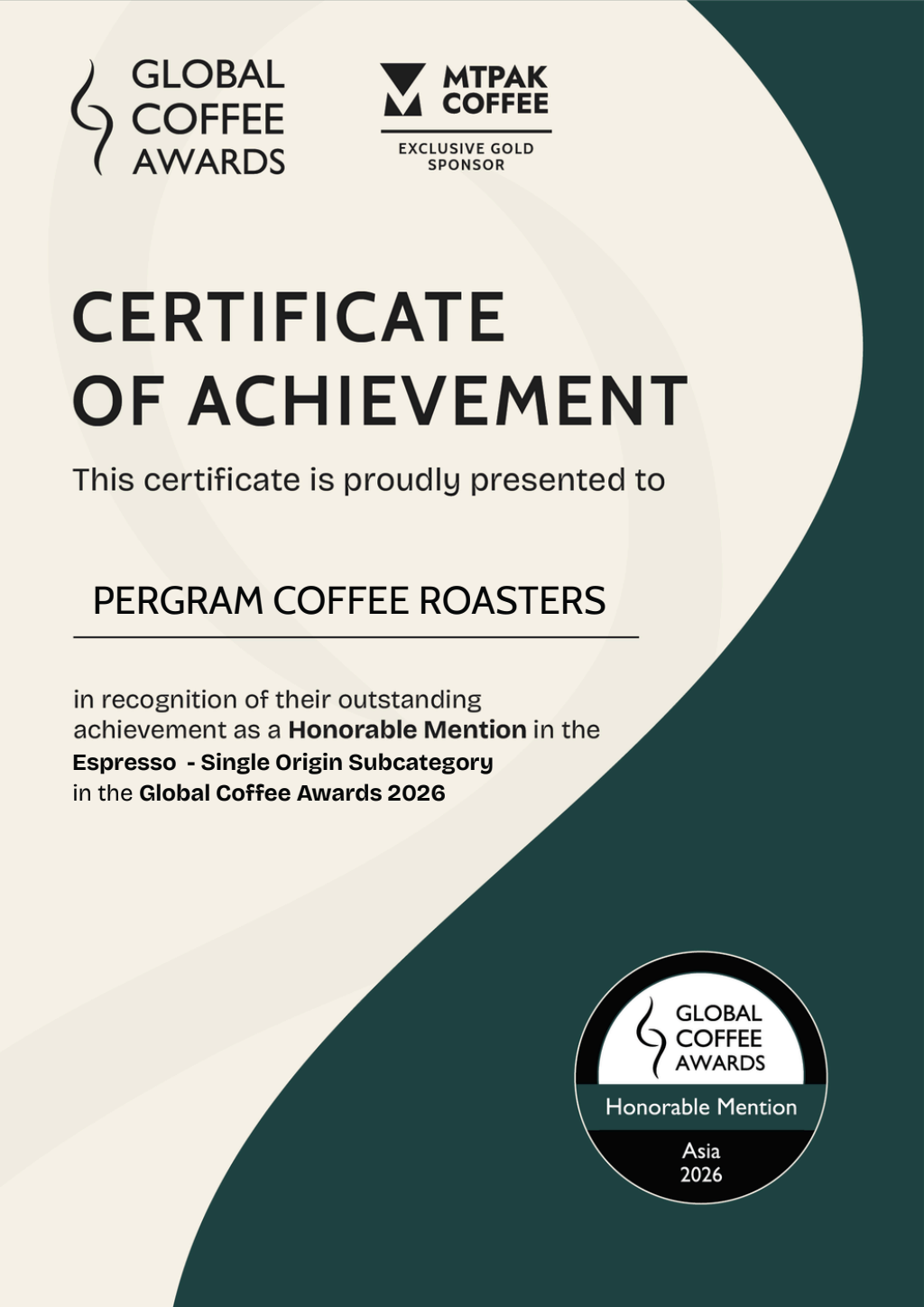 Global Coffee Awards 2026 證書:Finalist,Flat White Dairy – Blend(黑森林配方)