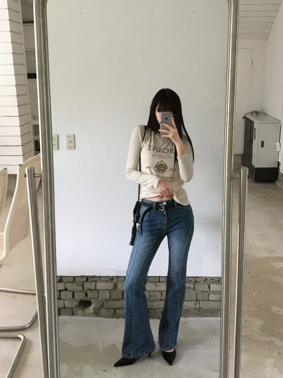 弧線喇叭牛仔復古長褲