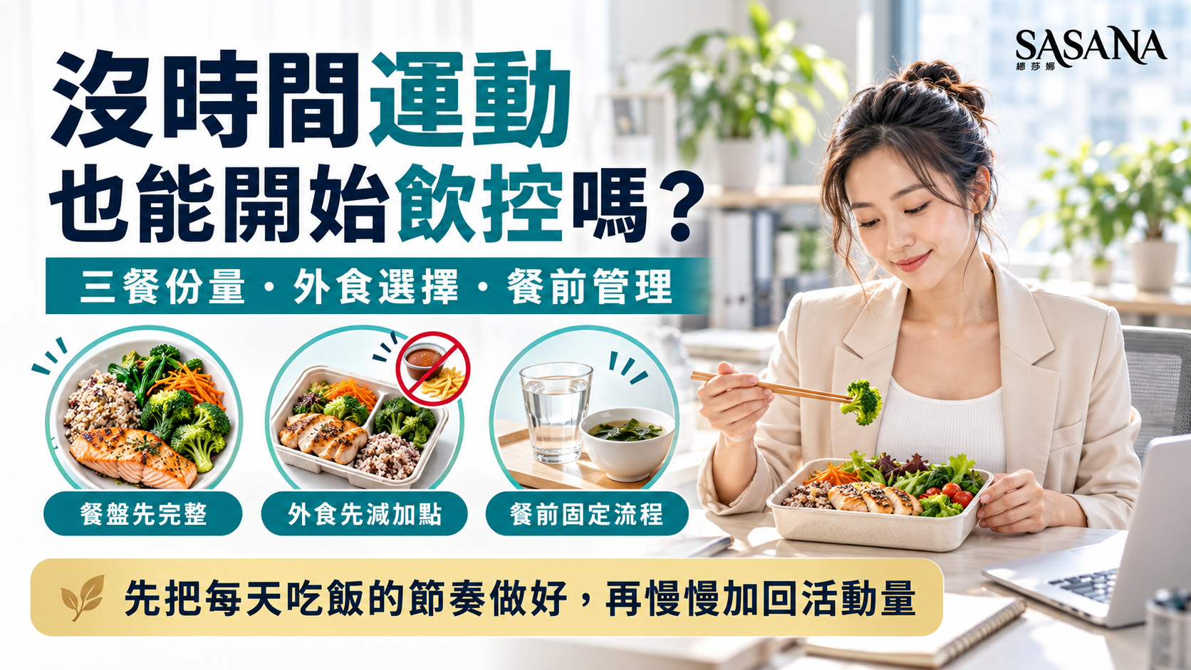 忙碌上班族準備均衡外食,整理三餐份量、外食選擇與餐前管理重點。