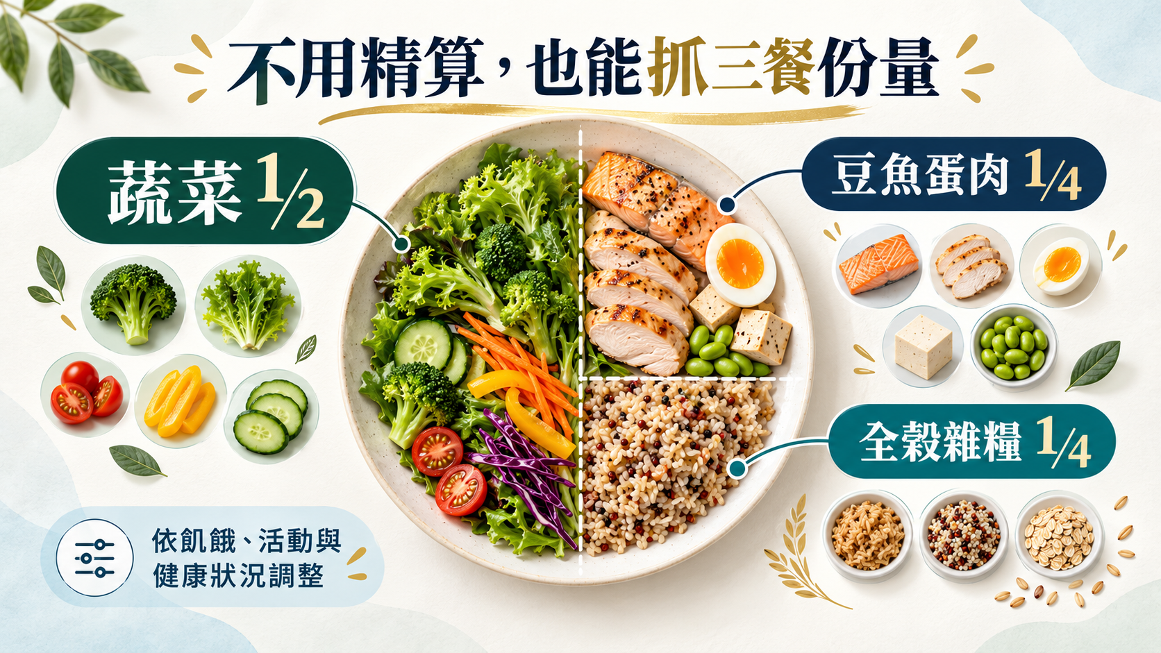 三餐份量餐盤圖,蔬菜占二分之一,豆魚蛋肉與全穀雜糧各占四分之一。