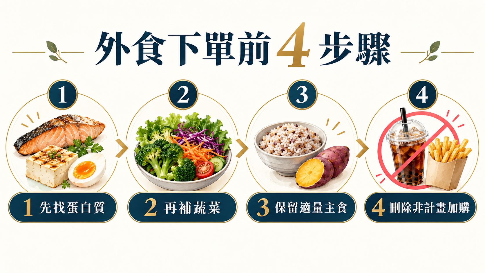外食下單前四步驟,依序找蛋白質、補蔬菜、保留主食並刪除非計畫加購。