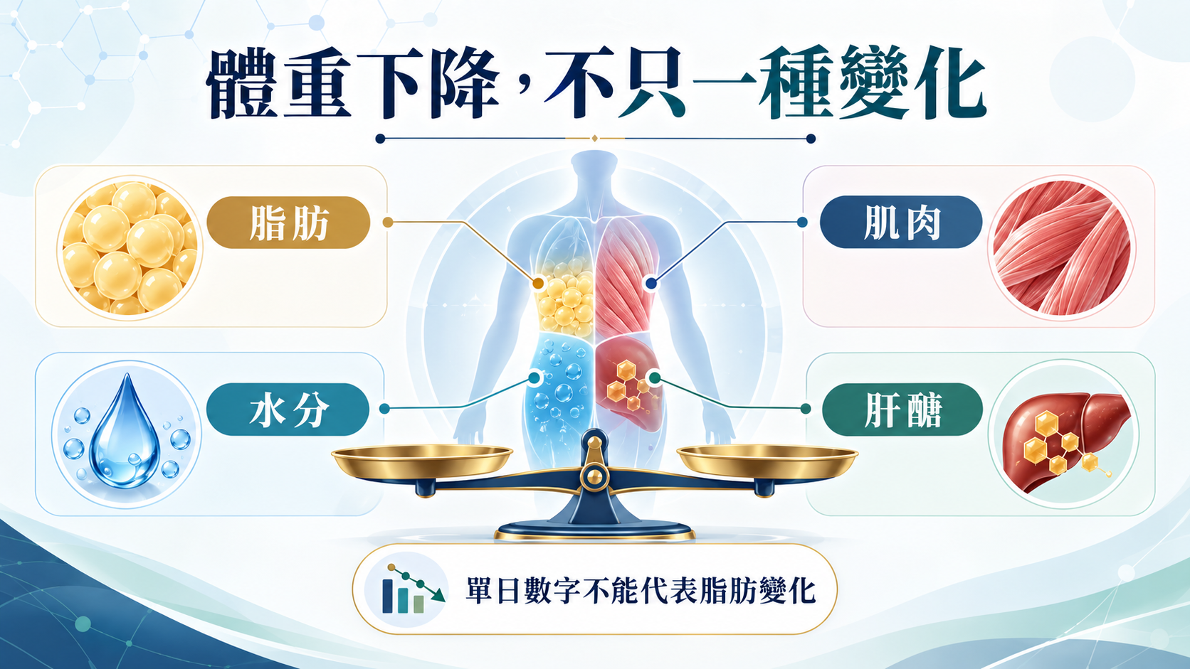 體重下降組成圖,分別呈現脂肪、肌肉、水分與肝醣變化。