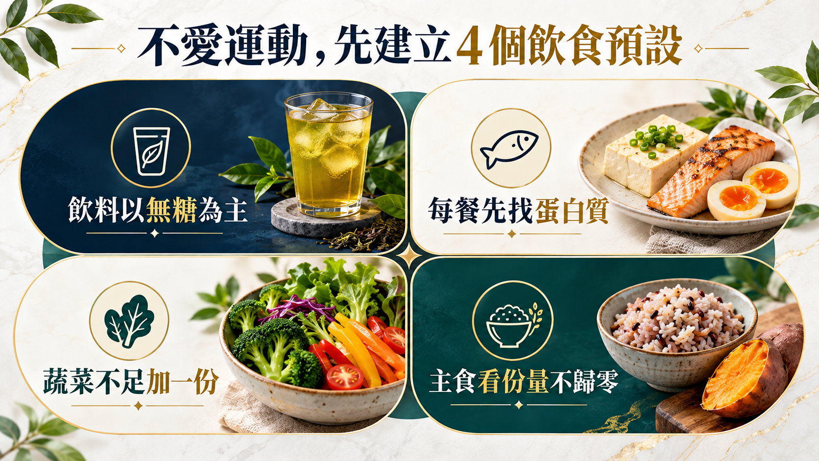 不愛運動時可先建立的四個飲食預設,包括無糖飲料、蛋白質、蔬菜與主食份量。