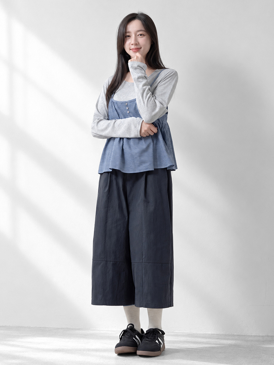 圓領長袖格紋背心兩件組打褶繭型膝下寬褲組合