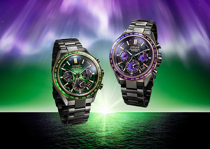 星辰 CITIZEN ATTESA 光動能（Eco-Drive）50 週年紀念版－CC4084-83Z「綠光閃耀」（Green Flash）與 CC4085-81Z「紫光極光」（Purple Aurora）錶款，設計靈感源自太陽與地球共同演繹的壯麗光影奇觀